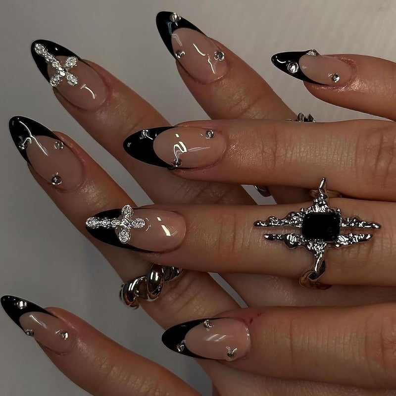ASABITE 24 Pcs Handmade Almond Press on Nails Short Medium Fake Nails Black French Tip False Nails with Rhinestone Design Artificial Nails Holiday Glue on Nails Reusable Full Cover Stick on Nails for Women - Image 1